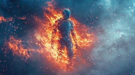 Futuristic Armored Warrior Engulfed in Fiery Flames and Glowing Sparks Amidst Ethereal Blue Smoke