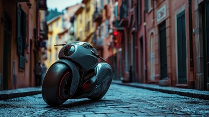 Futuristic Motorcycle on a Rain-Slicked Cobblestone Street in a Cinematic European Old Town at Night