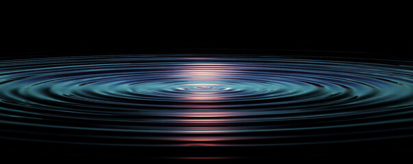Rippling water concentric circle pattern reflecting colored light, abstract minimal liquid surface with radial waves and subtle shine