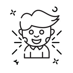 Stylized illustration of a joyful person with short dark hair and a wide smile radiating happiness and excitement with sparkling graphic elements on a transparent background