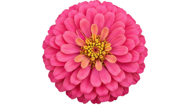 Vibrant pink Zinnia flower in full bloom, top view macro shot. Isolated on transparent background, png
