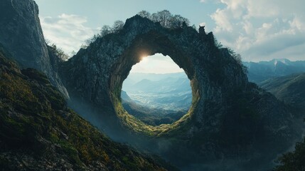 Sun-Kissed Mountain Arch: A Breathtaking Natural Rock Formation Overlooking a Hazy Valley Landscape Under a Cloudy Sky