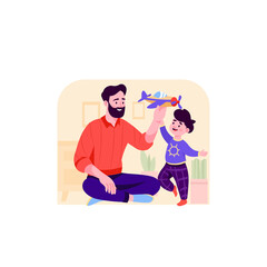 Father and Son Playing With Toy Airplane Indoors With Warm Lighting And Minimalist Background Illustration