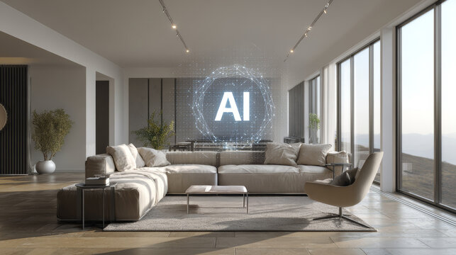 AI living room with modern beige sofa and panoramic windows creating serene tech atmosphere - Powered by Adobe