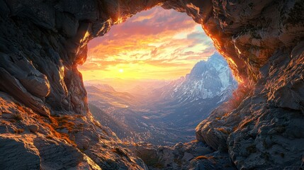 Majestic mountain landscape at golden hour, viewed through a natural rock cave opening with dramatic light and snow-capped peaks