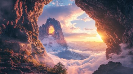 Breathtaking View of Majestic Mountains and Ethereal Clouds Through a Natural Rock Archway at Golden Hour