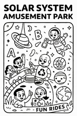 Kids Enjoy Fun Rides and Space Exploration with an Astronaut and a Robot at the Solar System Amusement Park.