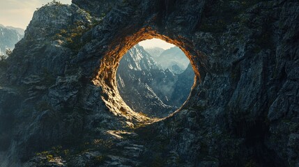 Golden Light Illuminating a Natural Rock Arch in a Rugged Mountain Landscape, Offering a Glimpse of Misty Peaks and Creating an Ethereal and Serene Mountain Vista