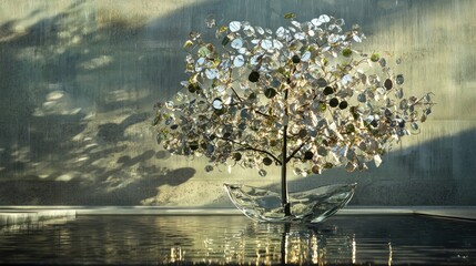 Reflective Tree Sculpture in Water with Dappled Sunlight on Concrete Wall, Modern Art Installation in a Tranquil Outdoor Setting