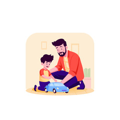 Father and Son Playing Together Indoors With a Blue Toy Car on a Warm Sunny Day With Soft Lighting and Minimalist Interior Decor