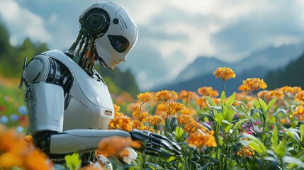 Futuristic White Robot Gently Interacting with Vibrant Flowers in a Sunny Mountain Meadow, Blending Technology and Nature