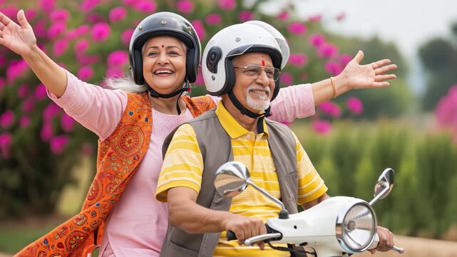 Happy indian senior couple on scooter - Powered by Adobe