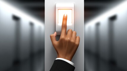 Human hand interaction with control button on textured wall surface close up view of action.