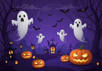 Fototapeta premium Halloween night scene featuring glowing jack-o'-lanterns, spooky ghosts, silhouetted trees, bats flying under a full moon, and a graveyard with haunted houses.