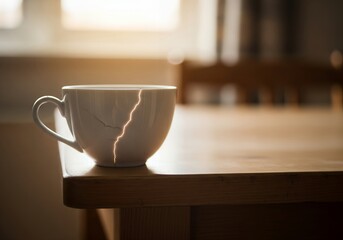 Fototapeta premium Glowing crack in teacup by window – Urgency to act fast on stroke signs