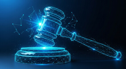World Day for International Justice 3D Digital Gavel Representation in a Futuristic Environment