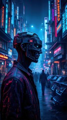Cyberpunk Cityscape with Futuristic Human in Neon Alley