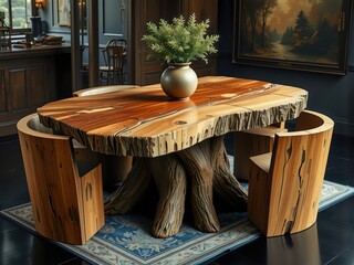 Rustic Wooden Table with Natural Tree Stump Base in Cozy Interior