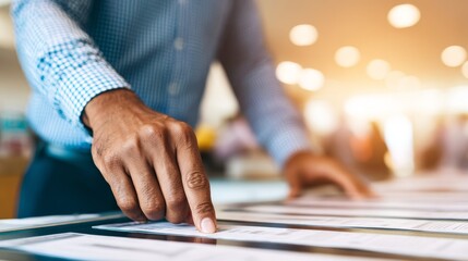 Professional pointing at vital document explaining key information strategic business communication important paperwork review collaborative data analysis.