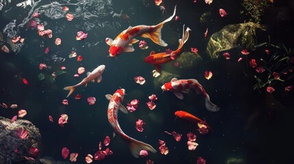 Vibrant Koi Fish and Floating Rose Petals in a Tranquil Japanese Garden Pond