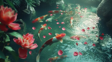 Vibrant Koi Fish gracefully swimming in a tranquil garden pond adorned with colorful flower petals and lush green foliage