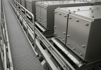 Advanced Industrial Infrastructure Featuring Metal Grating Walkway and Robust Bolted Machinery Enclosures