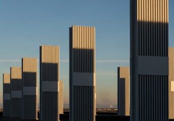Abstract Modern Architecture: Geometric Columns with Dramatic Golden Hour Sunlight and Shadows on Rooftop