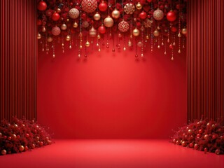 Red Christmas Stage with Ornamental Decorations