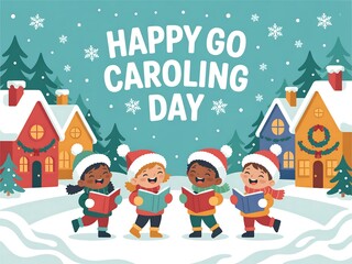Fototapeta premium Four diverse children wearing santa hats sing christmas carols together on a snowy day in a festive village