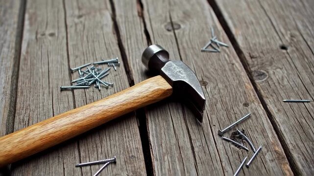 Hammer and nails scattered on weathered wooden planks. Tools of construction are on a textured background