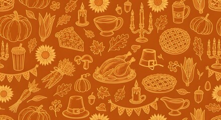 A festive and abundant handdrawn seamless pattern celebrating thanksgiving with iconic holiday elements like pumpkins, turkey, pies, and autumn leaves, perfect for seasonal decorations and designs