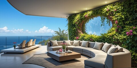 Modern Outdoor Living Space with Ocean View and Green Wall