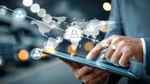 Businessman using tablet with digital map and logistics background in warehouse environment - Powered by Adobe