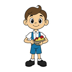 A cheerful, adorable boy enjoying his meal, eyes sparkling with delight, holding a plate of colorful food, radiating joy and the simple happiness of eating.
