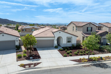 Aerial view of a sprawling neighborhood of family homes in Menifee city in Riverside County,...