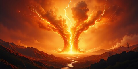 Dramatic Sky with Lightning and Fiery Clouds Over Mountainous Landscape