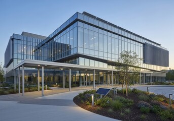 Sustainable Corporate Headquarters with Reflective Glass Walls, Welcoming Entrance, and Blue Sky