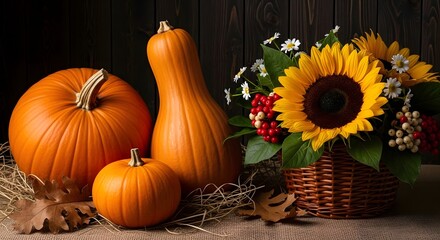 A rustic autumn still life arrangement featuring vibrant orange pumpkins and a bouquet of sunflowers and berries in a woven basket, set against a dark wooden background
