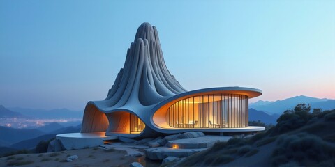 Futuristic Mountain House at Dusk