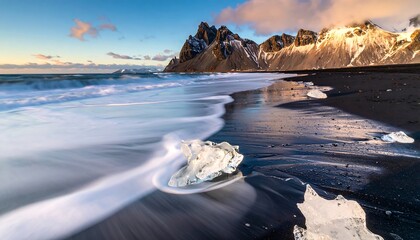 Coastal landscape with black sand, ice chunks, and jagged mountain peaks