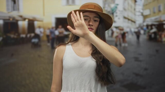 Woman with sunhat and long hair covers face with hand on sunlit street during urban stroll; shyness.