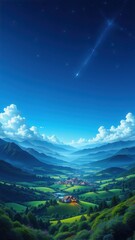 Serene Mountain Valley Under Starry Sky with Meteor