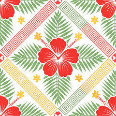 A seamless Tahitian floral tribal pattern combining hibiscus flowers and geometric lines. Perfect for apparel, packaging, and tropical design themes.