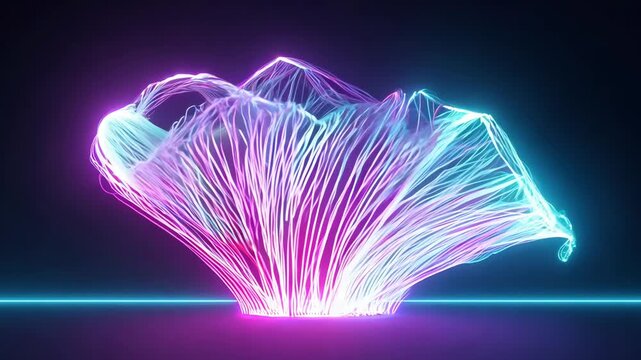 A flowing river of curved neon optical fibers brain-like network. lights rhythmic waves, symbolizing AI, big data human-machine connection. Clean black background maximum reusability