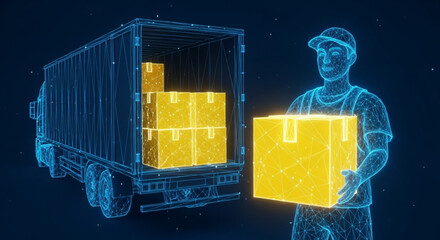Delivery Action, Warehouse Worker, Cargo Truck, Illustration, Digital Environment, Side View, Logistics Concept