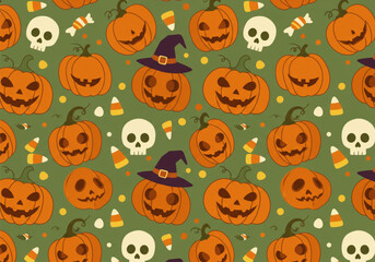 Halloween themed seamless pattern featuring pumpkins, skulls, candy corn, and a witch's hat on a green background.