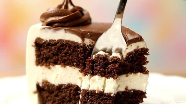 A chocolate cake slice layered with white cream is pierced by a silver fork with chocolate icing on top
