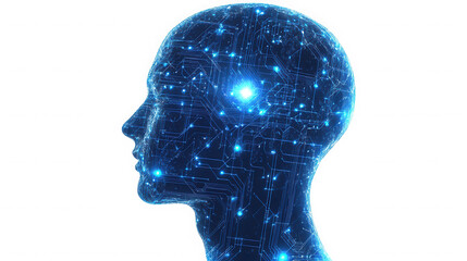 Digital human head with glowing blue circuits on a black background on transparent background