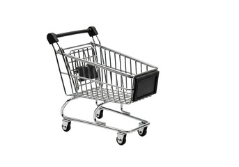 A meticulously crafted miniature chrome shopping cart with black handles and detailed wheels, isolated on a transparent background with soft studio light and copy space, concept for modern retail and