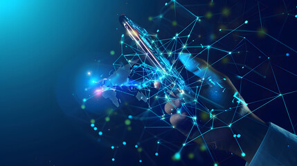 Hand holding smartphone with digital network